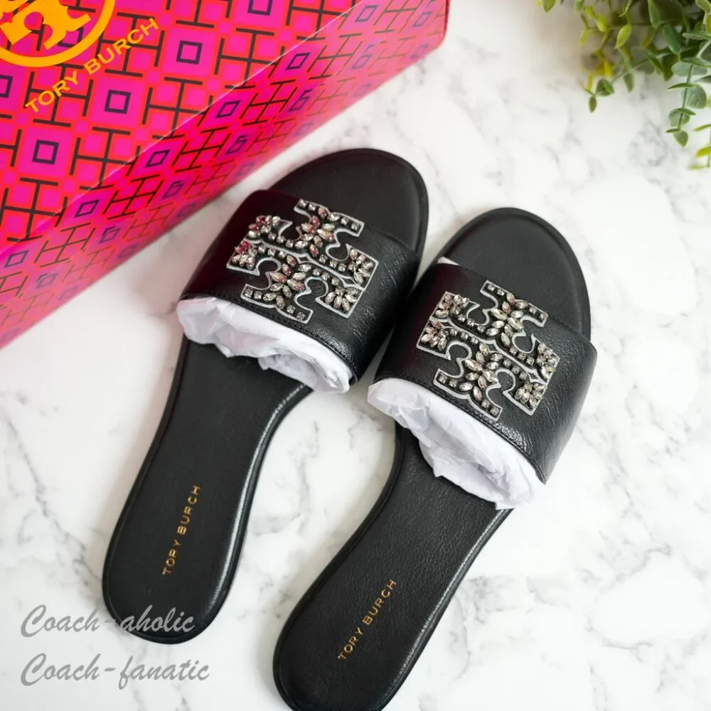 NIB Tory Burch Everly Embellished Crystal Logo Flat Slide Sandal Black Leather